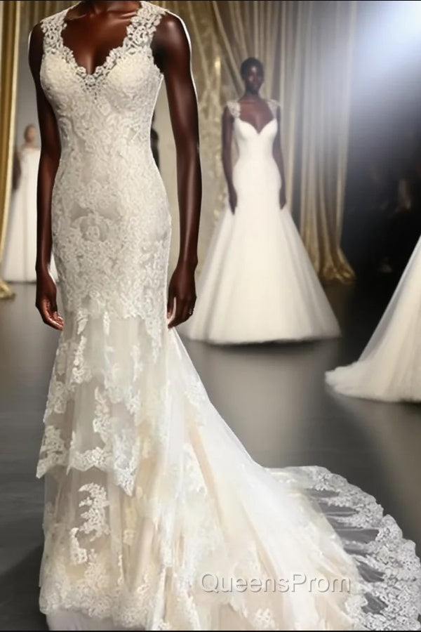 Trumpet/Mermaid V-neck Sweep Train Tulle Wedding Dress With Appliques Lace Main image