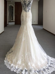Trumpet/Mermaid V-neck Sweep Train Tulle Wedding Dress With Appliques Lace