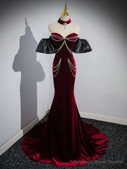Trumpet/Mermaid Velvet Burgundy Long Prom Dress with Beads