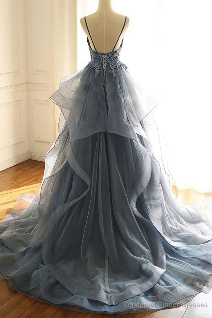 Tulle A-line V-neck Spaghetti Straps Appliqued Prom Dresses, Evening Dress Secondary image