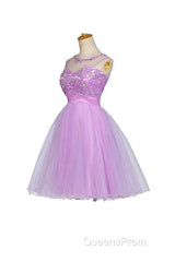 Tulle Appliques Beads Open Back Short Purple Homecoming Dress