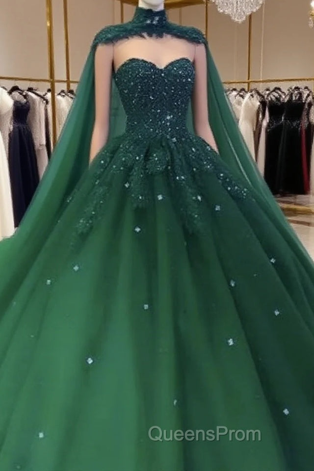 Tulle Ball Gown Emerald Green Quinceanera Dress Crystals With Cape Free Main image