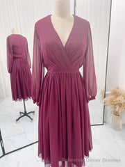 Tulle Burgundy Short Prom Dress With Sheer Sleeves
