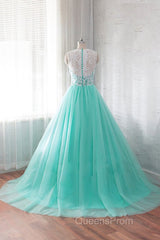 Tulle Buttons Lace Long Green Round Neck Evening Prom Dress