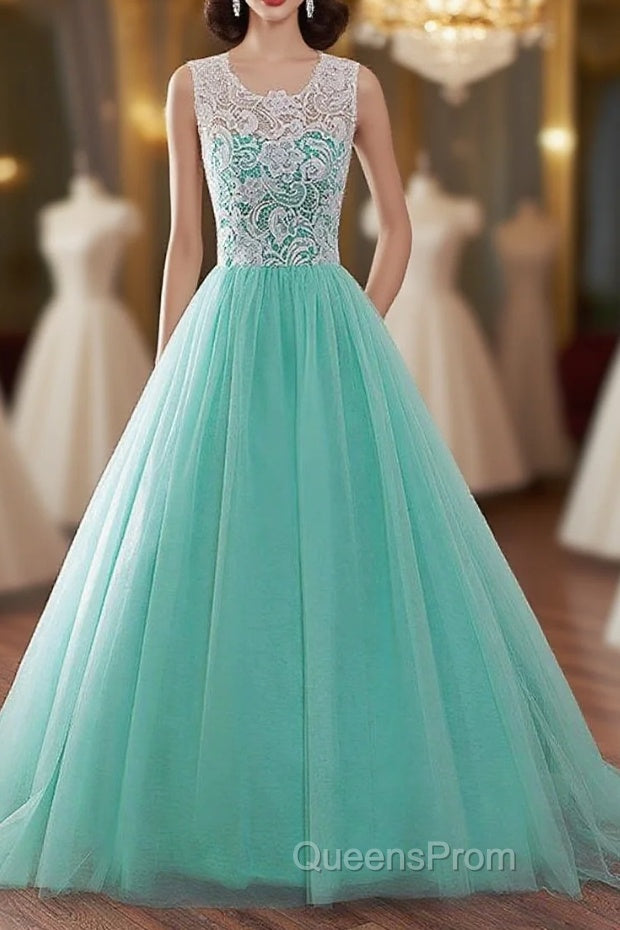 Tulle Buttons Lace Long Green Round Neck Evening Prom Dress Main image