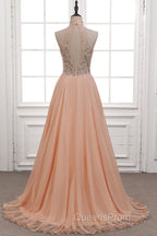 Tulle & Chiffon High Neck Evening Dress With Beading