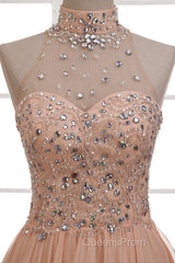 Tulle & Chiffon High Neck Evening Dress With Beading