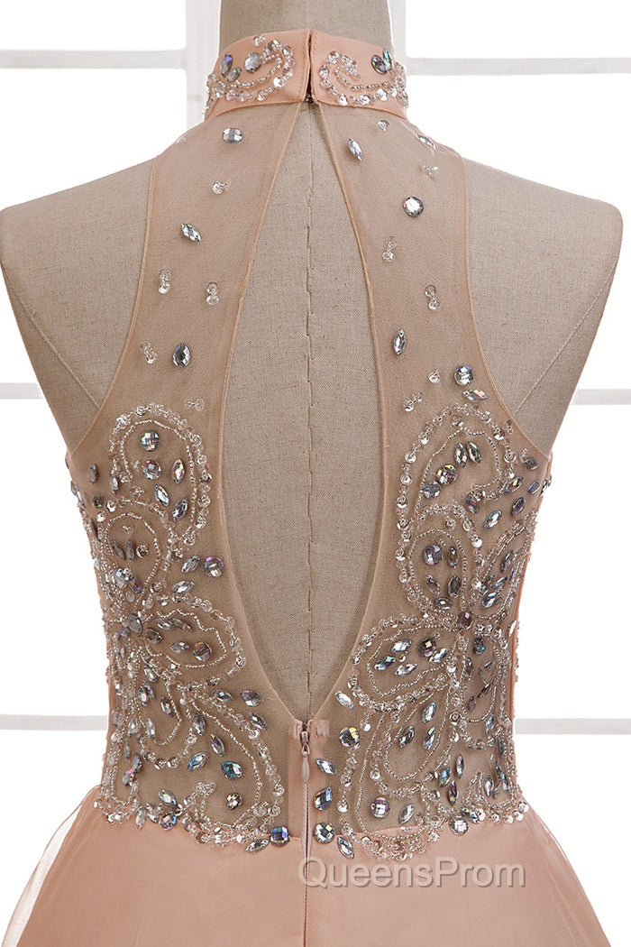 Tulle & Chiffon High Neck Evening Dress With Beading