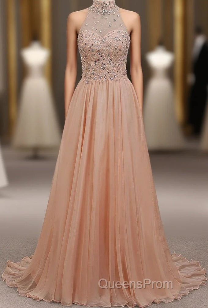 Tulle & Chiffon High Neck Evening Dress With Beading Main image