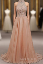 Tulle & Chiffon High Neck Evening Dress With Beading