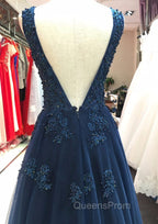 Tulle Dark Navy Evening Prom Dress A-Line/Princess V-Neck Long/Floor-Length With Beaded Appliqued