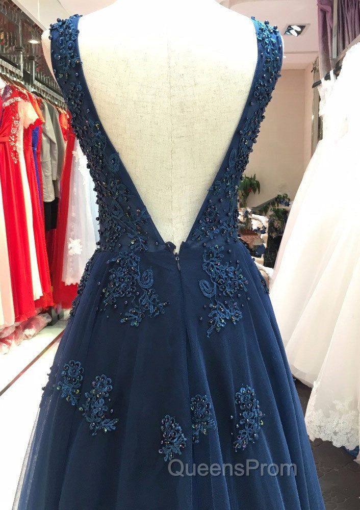 Tulle Dark Navy Evening Prom Dress A-Line/Princess V-Neck Long/Floor-Length With Beaded Appliqued