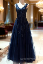 Tulle Dark Navy Evening Prom Dress A-Line/Princess V-Neck Long/Floor-Length With Beaded Appliqued