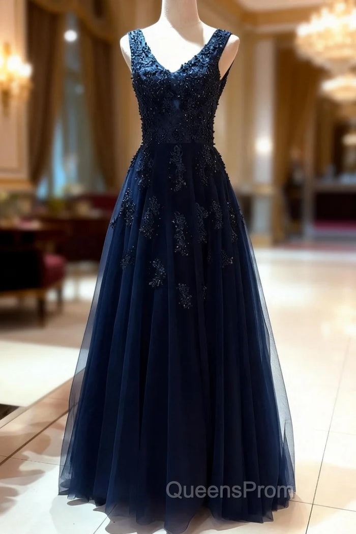 Tulle Dark Navy Evening Prom Dress A-Line/Princess V-Neck Long/Floor-Length With Beaded Appliqued