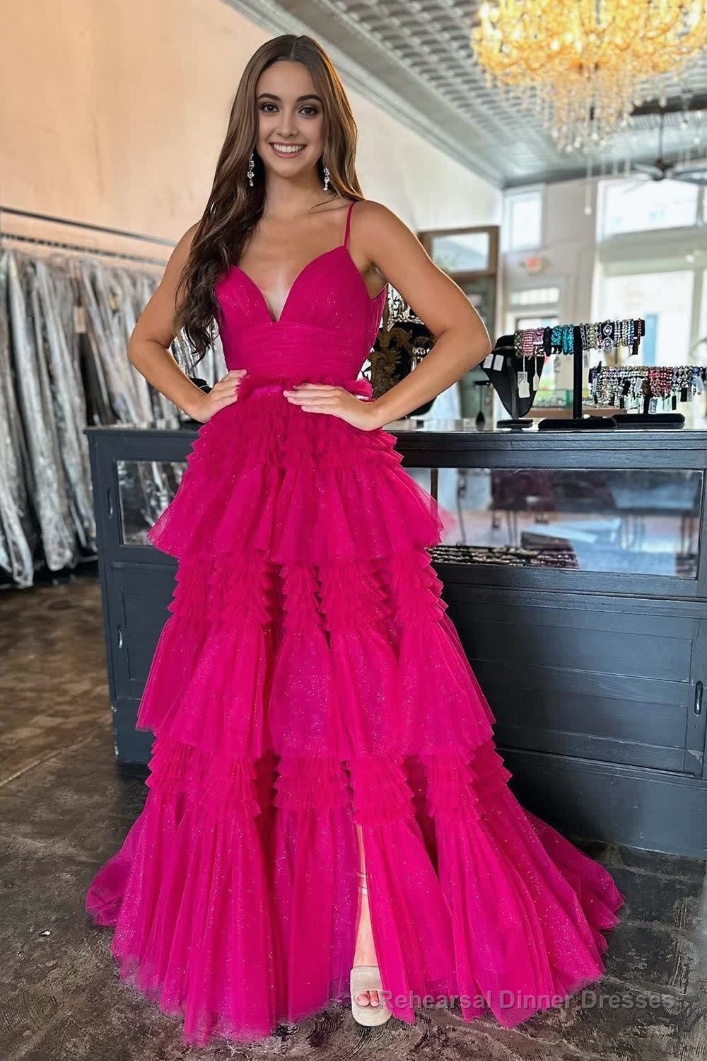 Tulle Deep V Neck Spaghetti Straps Long Prom Dress