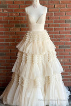 Tulle Deep V Neck Spaghetti Straps Long Prom Dress
