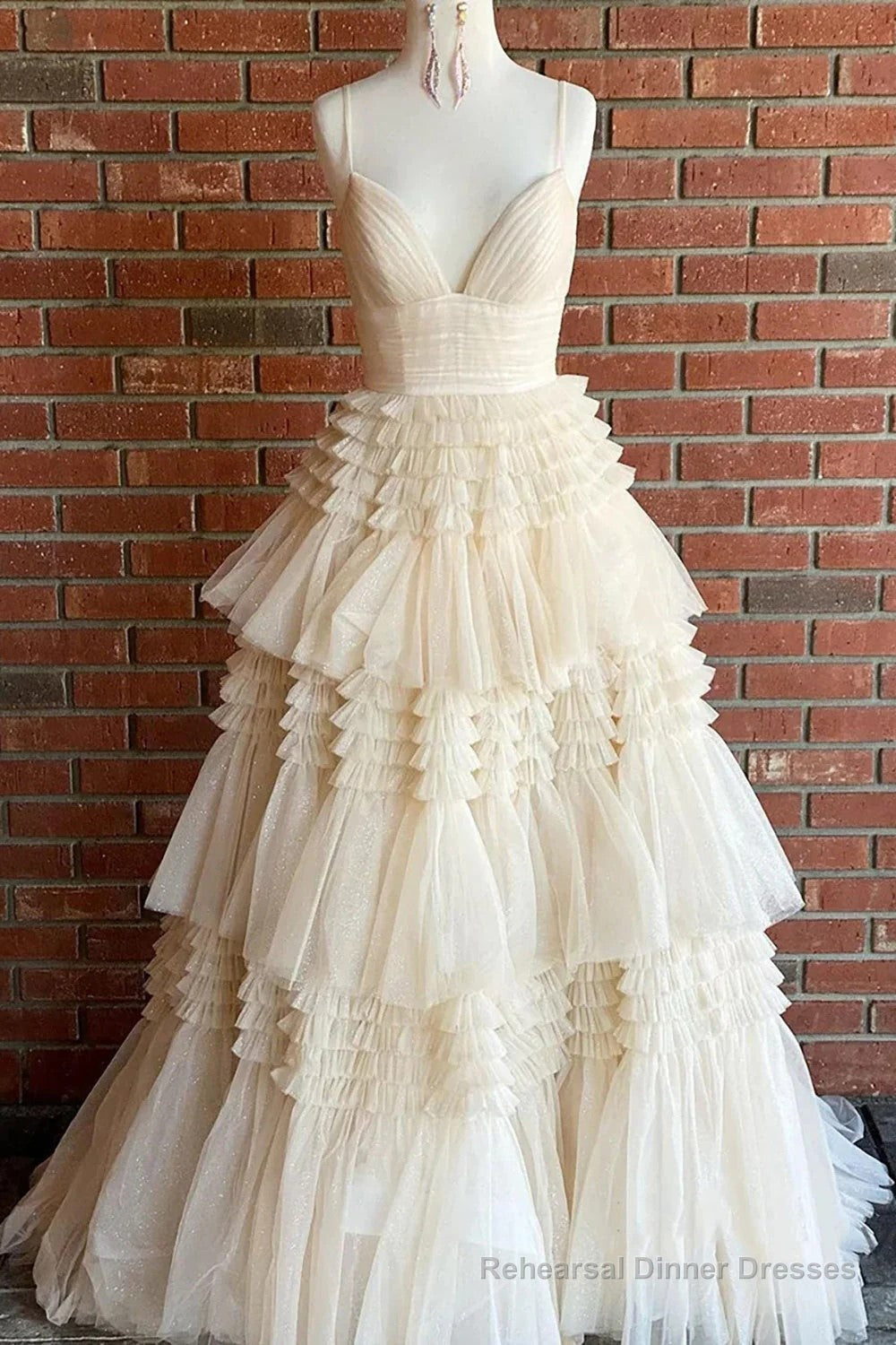 Tulle Deep V Neck Spaghetti Straps Long Prom Dress