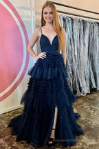 Tulle Deep V Neck Spaghetti Straps Long Prom Dress
