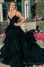 Tulle Deep V Neck Spaghetti Straps Long Prom Dress