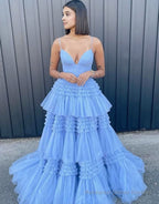 Tulle Deep V Neck Spaghetti Straps Long Prom Dress