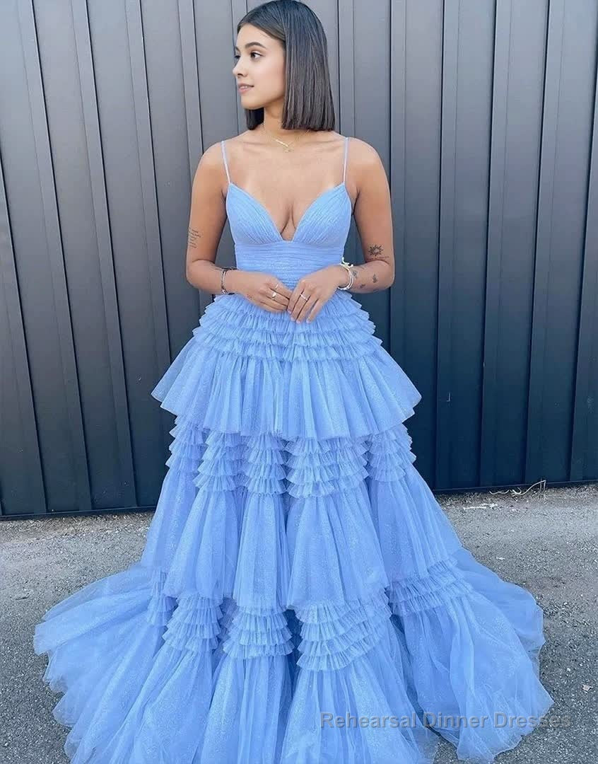 Tulle Deep V Neck Spaghetti Straps Long Prom Dress