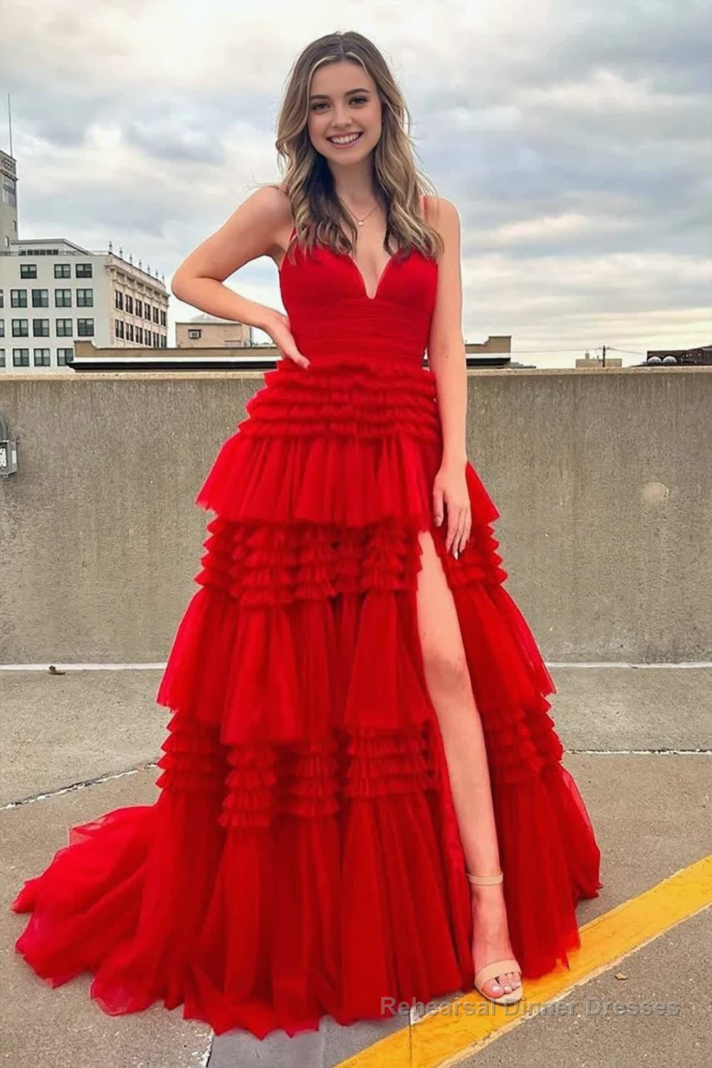 Tulle Deep V Neck Spaghetti Straps Long Prom Dress Main image