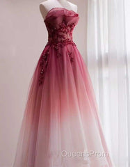 Tulle Gradient with Beaded Long Party Dress, A-line Gradient Evening Prom Dress