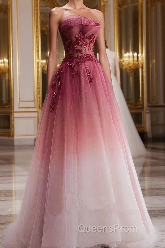 Tulle Gradient with Beaded Long Party Dress, A-line Gradient Evening Prom Dress Main image