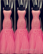 Tulle Lace Appliques Mermaid Evening Prom Dress Spaghetti Straps