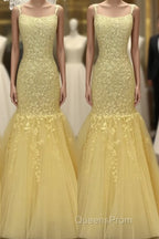 Tulle Lace Appliques Mermaid Evening Prom Dress Spaghetti Straps