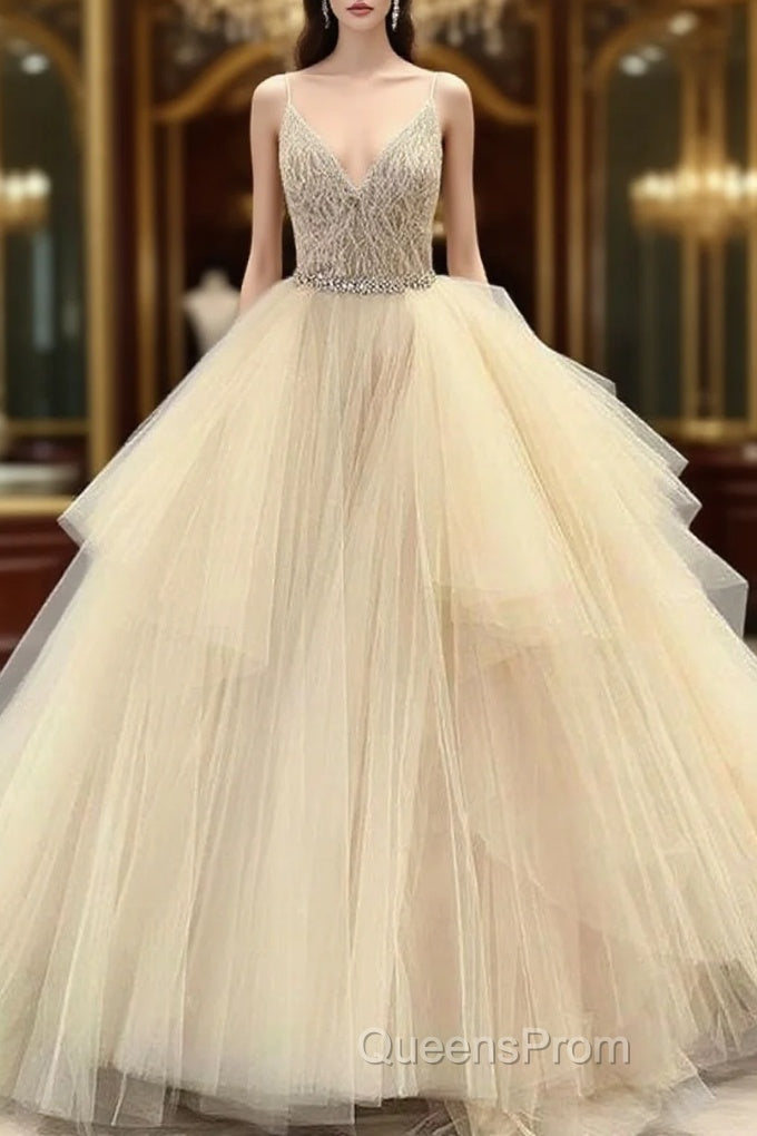 Tulle Lace Beading V-Neck Spaghetti Straps Sleeveless Floor-Length Ball Gown Evening Prom Dress Wedding Dress Main image