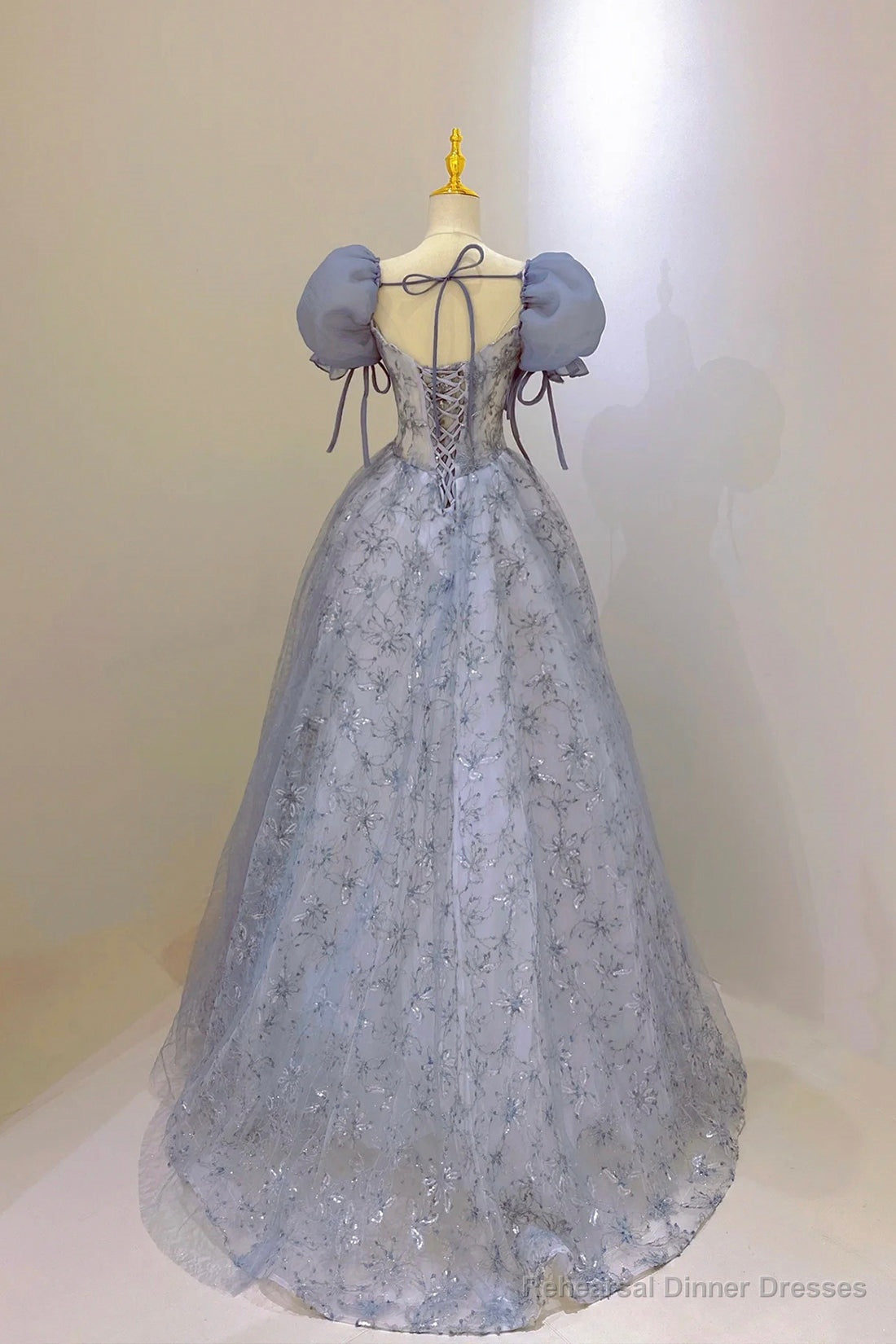 Tulle Lace Long Prom Dress, Blue Short Sleeve Evening Dress Secondary image