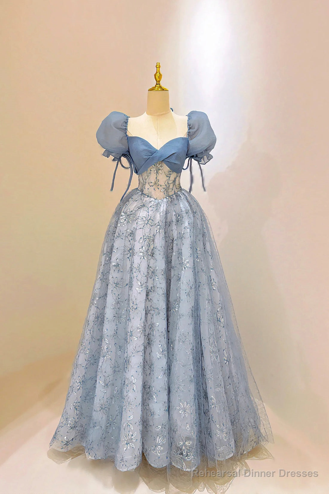 Tulle Lace Long Prom Dress, Blue Short Sleeve Evening Dress Main image