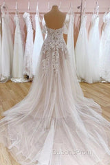 Tulle Lace Wedding Dress Off The Shoulder A-Line Bridal Dress With Sweep Train Elegant