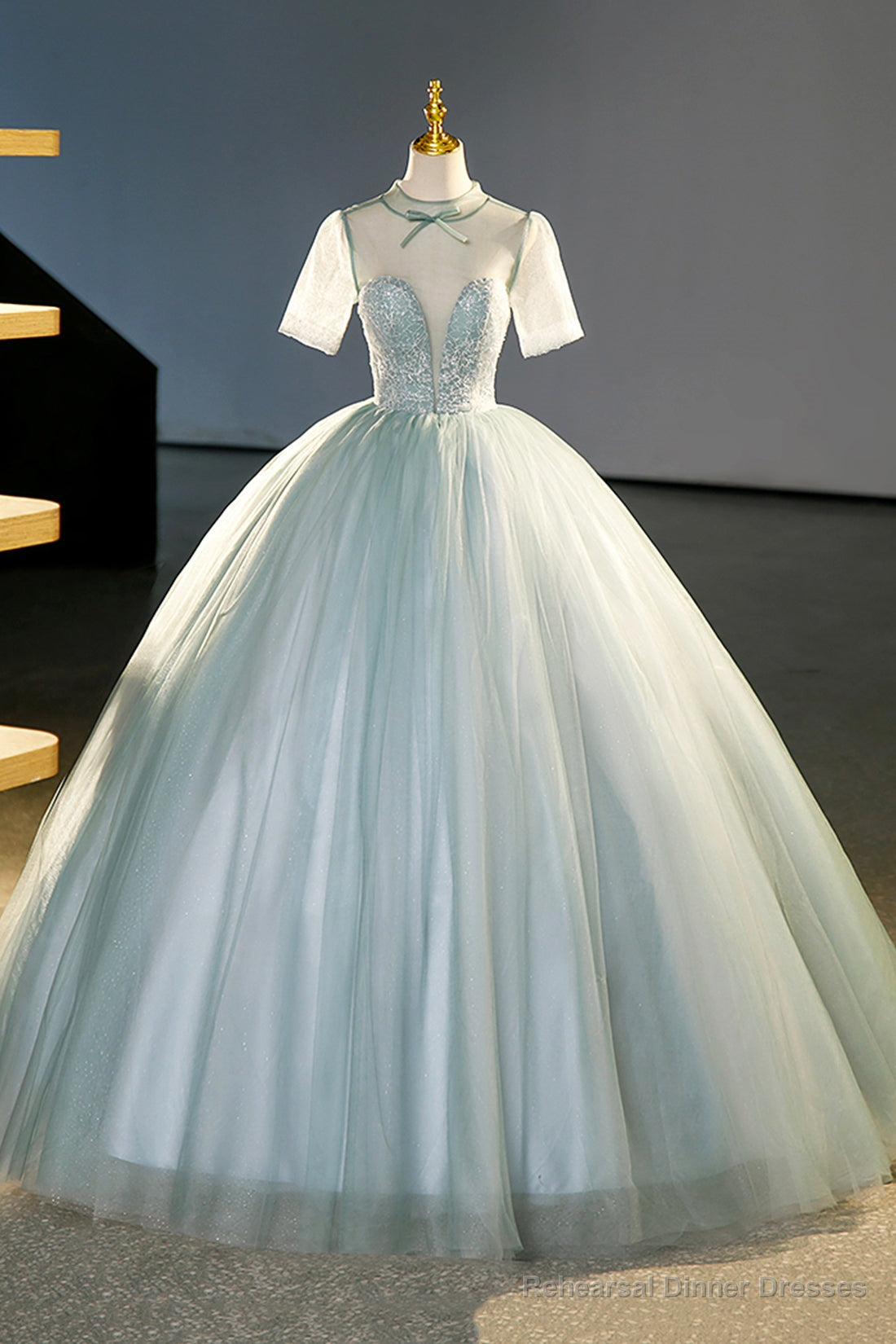 Tulle Long A-Line Prom Dress, Gray Green  Formal Dress Sweet 16 dress Main image