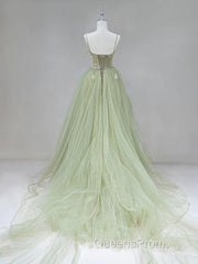 Tulle Long Evening Prom Dress A-Line Green Long Evening Dress