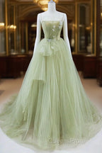 Tulle Long Evening Prom Dress A-Line Green Long Evening Dress