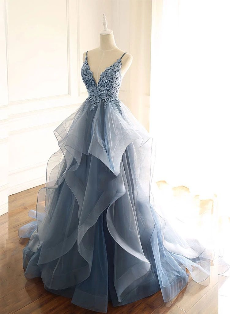 Tulle Long Classy Prom Dress With Spaghetti Straps And Ruffled Floor Length Skirt