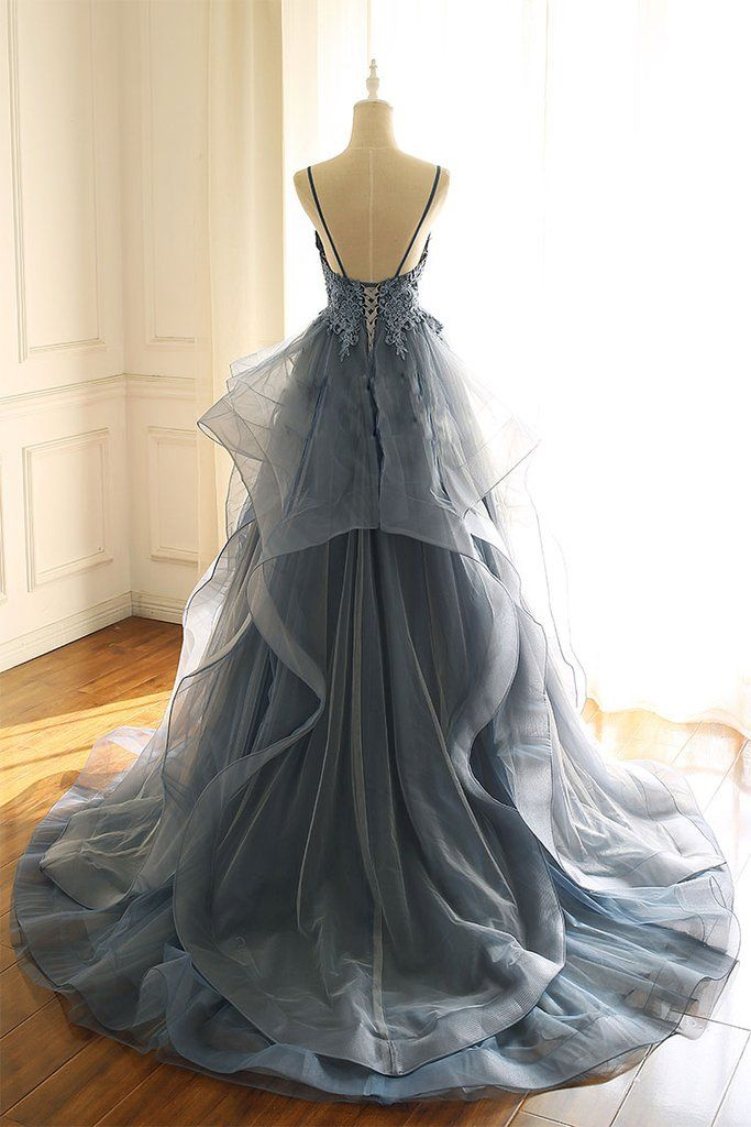 Tulle Long Classy Prom Dress With Spaghetti Straps And Ruffled Floor Length Skirt