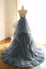 Tulle Long Evening Prom Dress With Spaghetti Straps And Ruffled Floor Length Skirt