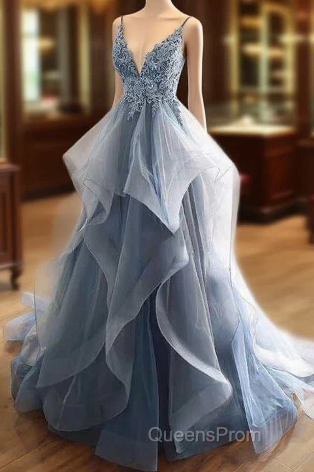 Tulle Long Evening Prom Dress With Spaghetti Straps And Ruffled Floor Length Skirt Main image