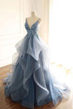 Tulle Long Classy Prom Dress With Spaghetti Straps And Ruffled Floor Length Skirt