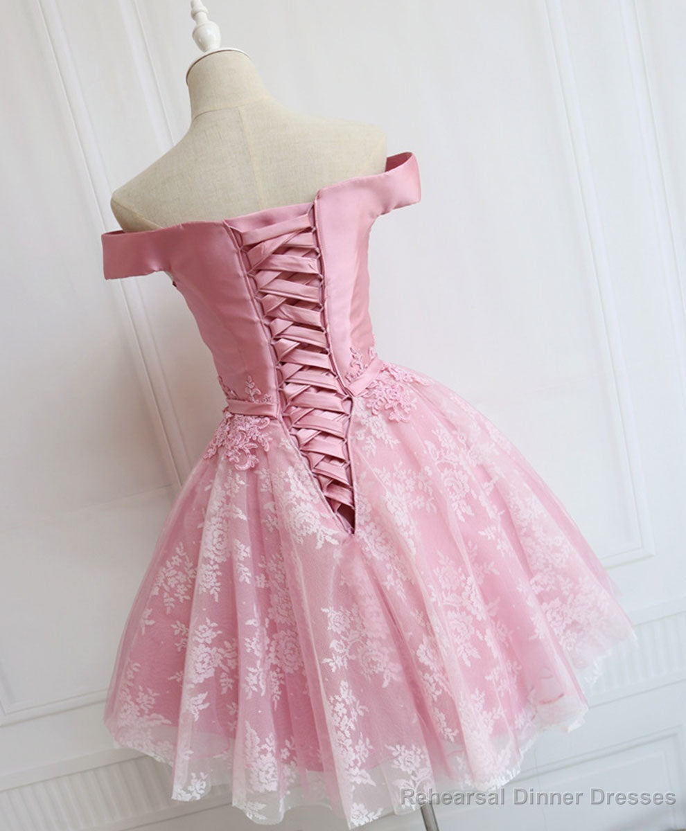 Tulle Of Shoulder Lace Short Pink Prom Dress Lace Homecoming Dress Secondary image