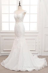 Tulle & Organza Bateau Mermaid Wedding Dress With Lace Appliques & Belt