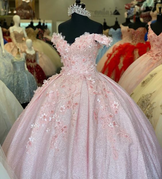 Tulle Princess Off Shoulder Long Classy Prom Dress, Long Strapless Pink Flower Appliqu¨¦S Classy Evening Dress