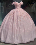 Tulle Princess Off Shoulder Long Classy Prom Dress, Long Strapless Pink Flower Appliqu¨¦S Classy Evening Dress