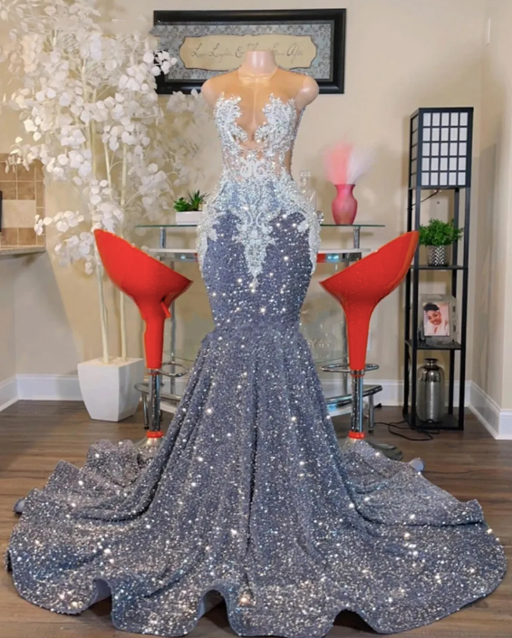 O Neck Silver Classy Prom Dress, Plus Size Classy Prom Dress, Sparkly Classy Prom Dress Beaded Applique Classy Prom Dress Secondary image