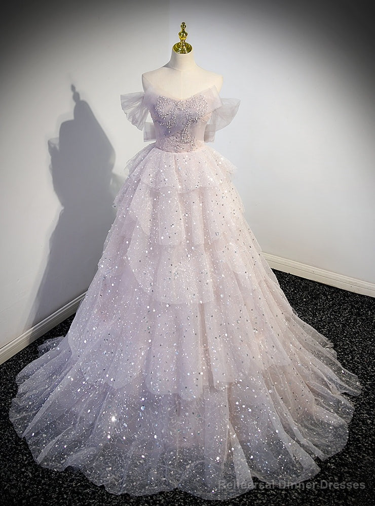 Tulle Sequins Off the Shoulder Tiers Prom Dress Main image