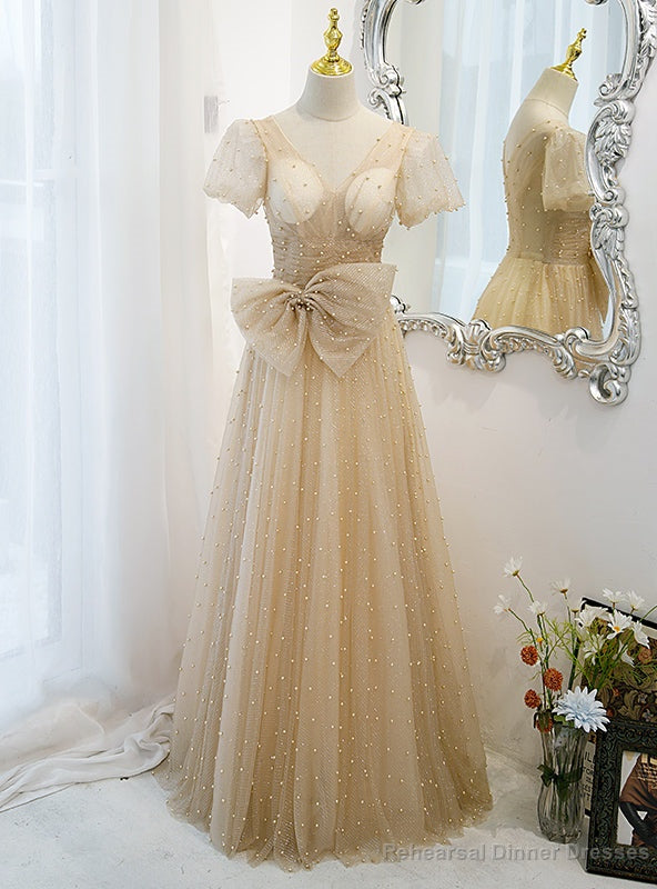 Tulle Sequins V-neck Puff Sleeve Pearls Prom Dress Main image
