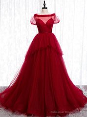 Tulle Short Sleeve Pleats Backless Burgundy Prom Dress